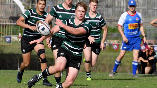 BBC player passes the ball. First XV rugby match between BSHS and Brisbane Boys College Saturday September 4, 2021. Picture, John Gass