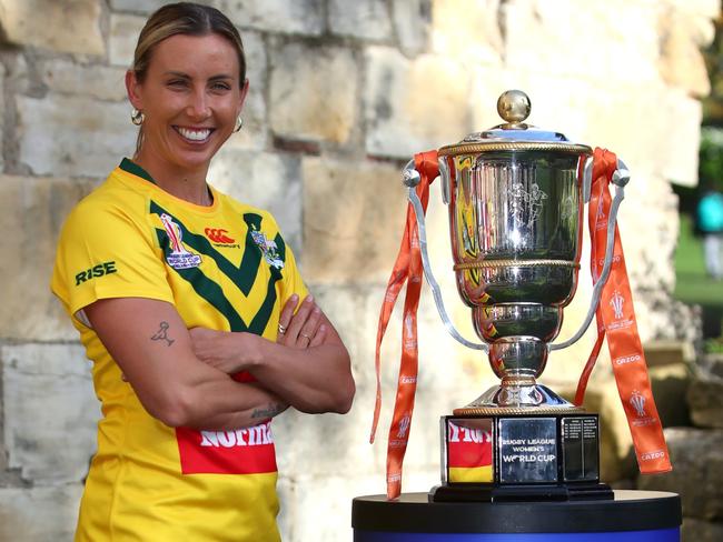 YORK, ENGLAND - OCTOBER 28: Samantha Bremner captain of Australia poses for a photo with the Women's World Cup trophy during the Women's Rugby League World Cup 2021 Tournament Launch event on October 28, 2022 at the The Hospitium in York, England. (Photo by Ashley Allen/Getty Images for RLWC2021)