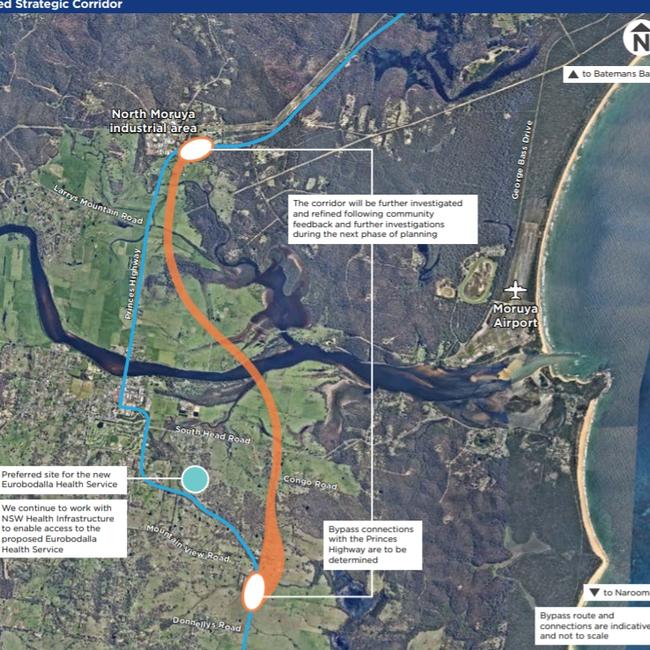 Transport NSW's proposed route for the Moruya bypass. Picture: Transport NSW