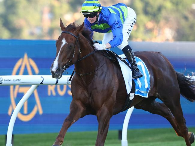 SYDNEY, AUSTRALIA - MARCH 30: Jamie Kah riding Another Wil wins Race 9 Racing And Sports Doncaster Prelude during "Stakes Day" - Sydney Racing at Rosehill Gardens on March 30, 2024 in Sydney, Australia. (Photo by Jeremy Ng/Getty Images)