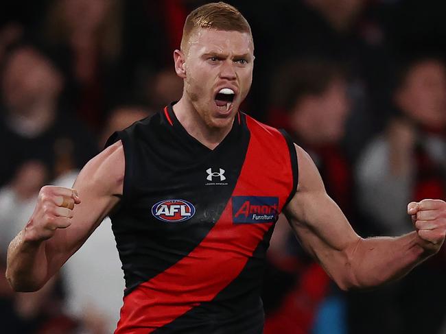 MELBOURNE, AUSTRALIA - July 29, 2023. AFL .        Peter Wright of the Bombers celebrates a 4th quarter goal during the round 20 match between Essendon and Sydney at Marvel Stadium on July 29, 2023, in Melbourne, Australia. Photo by Michael Klein.