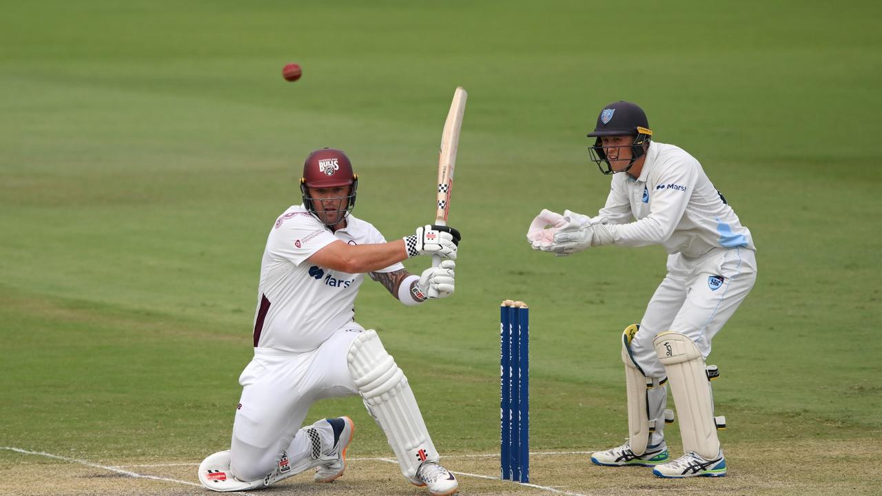 BRISBANE, AUSTRALIA - MARCH 13: Ben McDermott of Queensland plays a shot during the Sheffield Shield match between Queensland and New South Wales at Allan Border Field, on March 13, 2024, in Brisbane, Australia. (Photo by Matt Roberts/Getty Images)