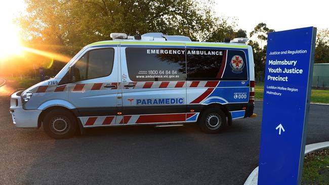 An ambulance at the Malmsbury Youth Justice Centre. One of the teen’s victims still works at Malmsbury. Picture: Rob Leeson.