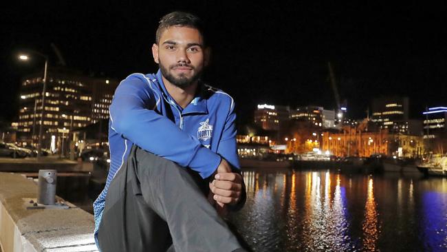 North Melbourne’s new Tassie recruit Tarryn Thomas on the Hobart waterfront. Picture: PATRICK GEE
