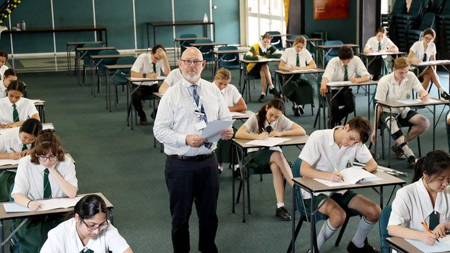 Year 12 students are sitting the ATAR test for the first time this year in Qld. TAS Director of innovation, teaching and learning Tim Manea over seeing the first ATAR test. Picture: Stewart McLean