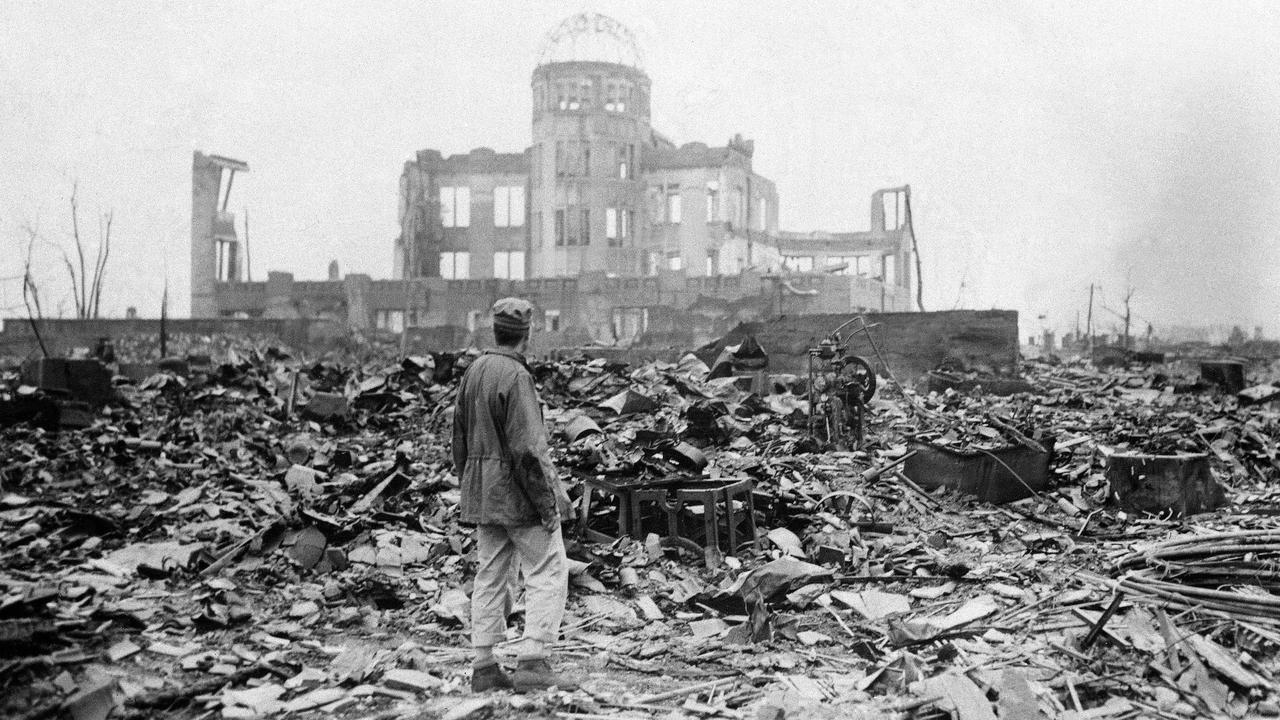 This photo from September 8, 1945, shows the rubble that was once an exhibition centre and government office in Hiroshima, Japan, a month after the first atomic explosion. Picture: AP