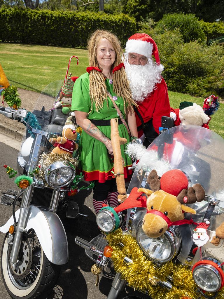 Tracey Page and Martin Davis of CSG Riders dressed to the Christmas theme at the Toowoomba Toy Run hosted by Downs Motorcycle Sporting Club, Sunday, December 18, 2022.