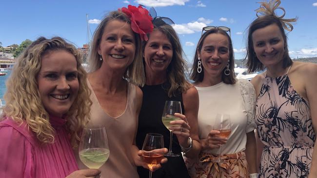 (Left to right) Charlotte Menogue, Balgowlah Heights, Nikki Lawson, Balgowlah Heights, Sonja Cook, South Africa, Robyn Quinn, Balgowlah Heights and Chantelle Bray, Balgowlah Heights at the Manly Wharf Bar for the 2022 Melbourne Cup event. Picture: Jim O'Rourke