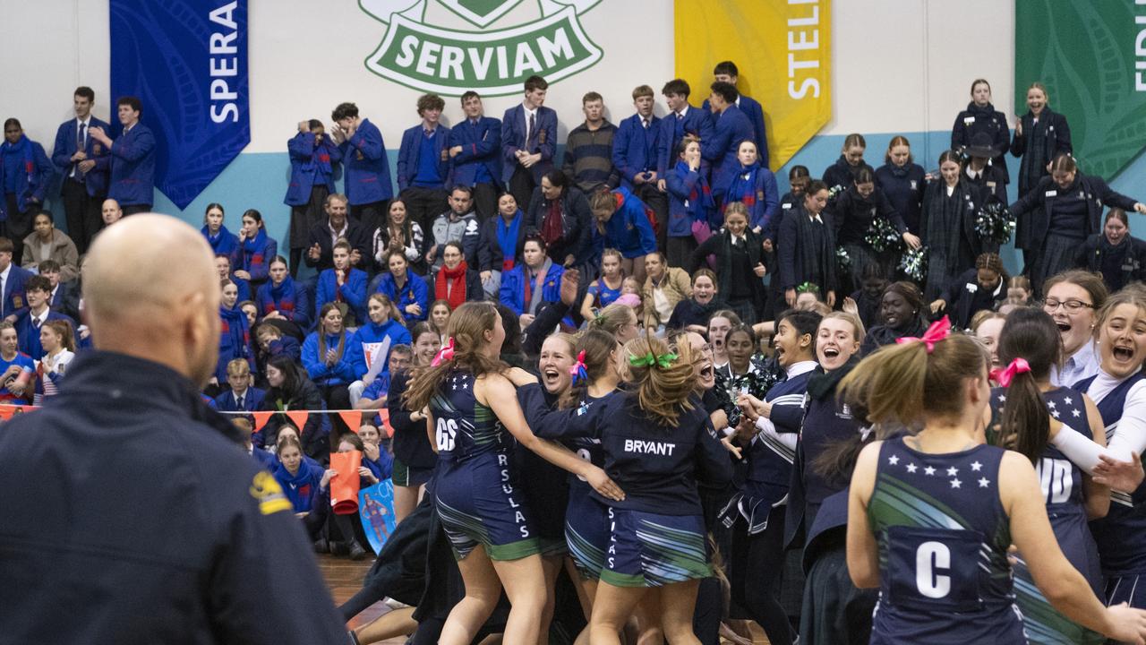 St Ursula's Senior A celebrate after defeating Downlands First VII to claim the Merici-Chevalier Cup in netball at Salo Centre, Friday, July 19, 2024. Picture: Kevin Farmer