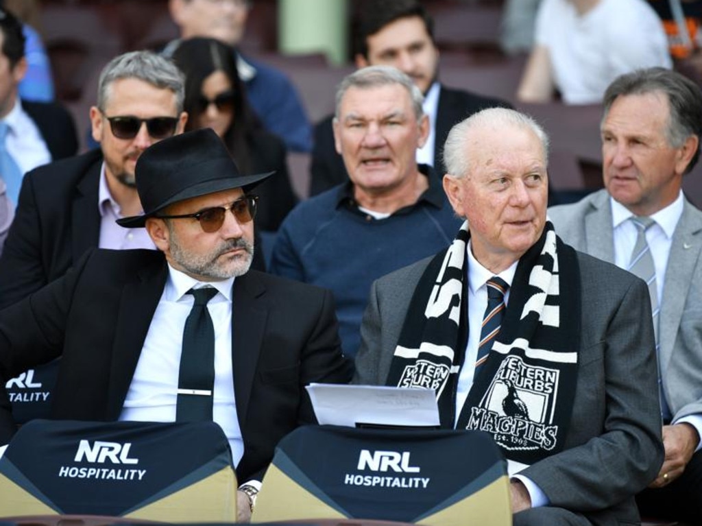 Holman Barnes Group board member Rick Wayde (right, with former Wests Tigers chairman Lee Hagipantelis) has launched legal action in the NSW Supreme Court. Pic: NRL Imagery