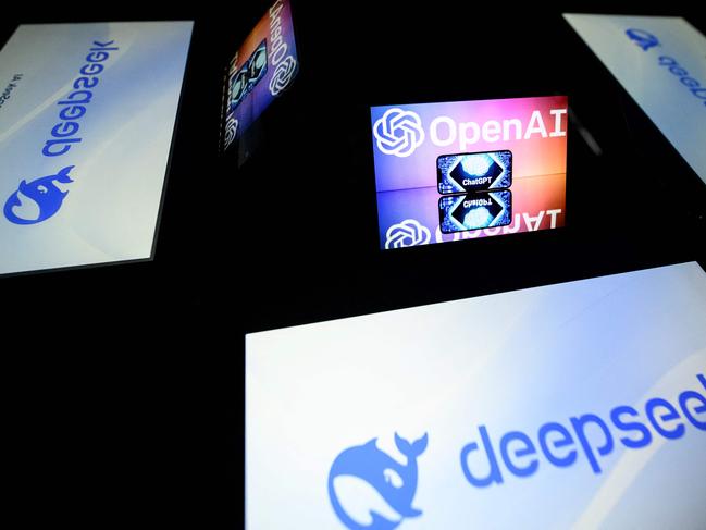 (FILES) This illustration photograph shows screens displaying the logo of DeepSeek, a Chinese artificial intelligence company that develops open-source large language models, and the logo of OpenAI's artificial intelligence chatbot ChatGPT on January 29, 2025 in Toulouse, southwestern France. A simple handshake between President Xi Jinping and once-shunned entrepreneur Jack Ma sent Chinese tech stocks booming in recent weeks of February 2025 as it was interpreted as the latest sign the sector is being brought in from the cold -- though experts advise caution. DeepSeek was praised by authorities, with its founder also present at the high-level business symposium where Xi met Ma in Beijing nearly two weeks ago. (Photo by Lionel BONAVENTURE / AFP) / To go with AFP story China-economy-politics-tech-AI, ANALYSIS by Peter Catterall