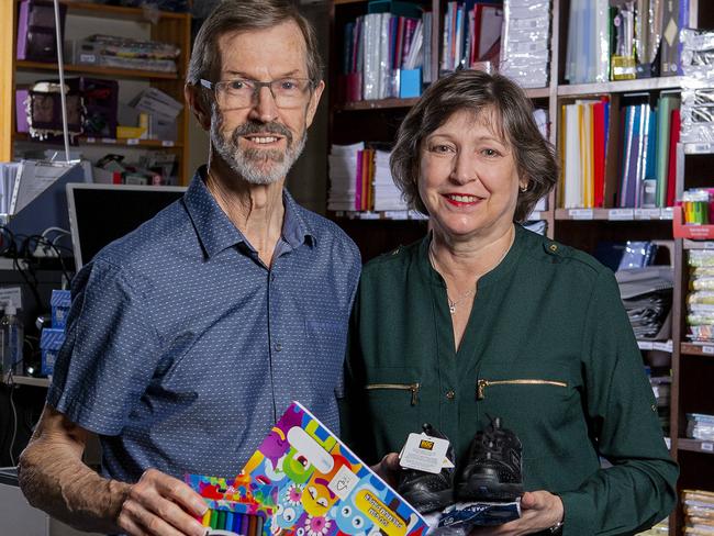 Zephyr education Inc  founders  David Bevan  and  Isabella Bevan packing  a new children's school pack. Picture: Jerad Williams