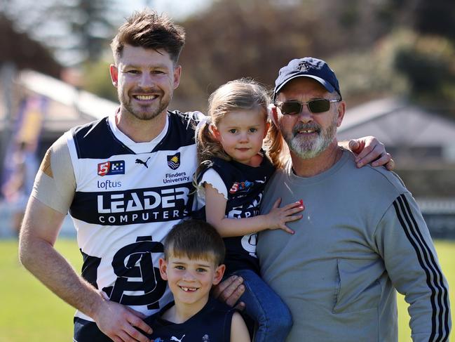 South Adelaide's Bryce Gibbs with his dad Ross Gibbs and children Charlie and Madison before his final SANFL game against Glenelg on August 26, 2023. Picture: Cory Sutton.