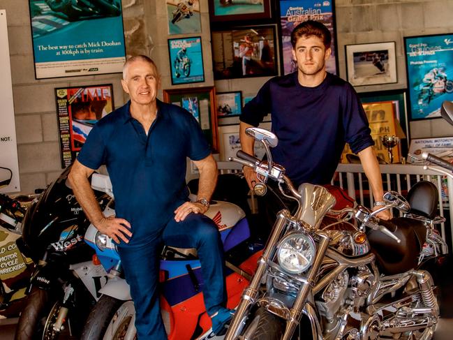 EMBARGO FOR WISH 05 APRIL 2024. FEE MAY APPLY. Jack (R) and Mick Doohan at home on the Gold Coast. Photo: Adrian Mesko