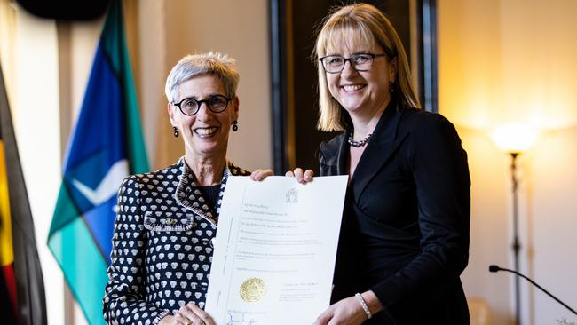 Governor Linda Dessau, left, and the new Deputy Premier of Victoria, Jacinta Allan, at Government House on Monday. Picture: AAP