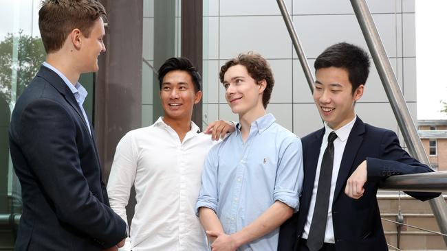 Knox Grammar School students from left Michael Glover who came first in Legal Studies, Hortin Zeng who came first in Modern History, William Studdert who came equal first in Drama and Jason Lin who came equal first in mathematics. Picture: Jonathan Ng