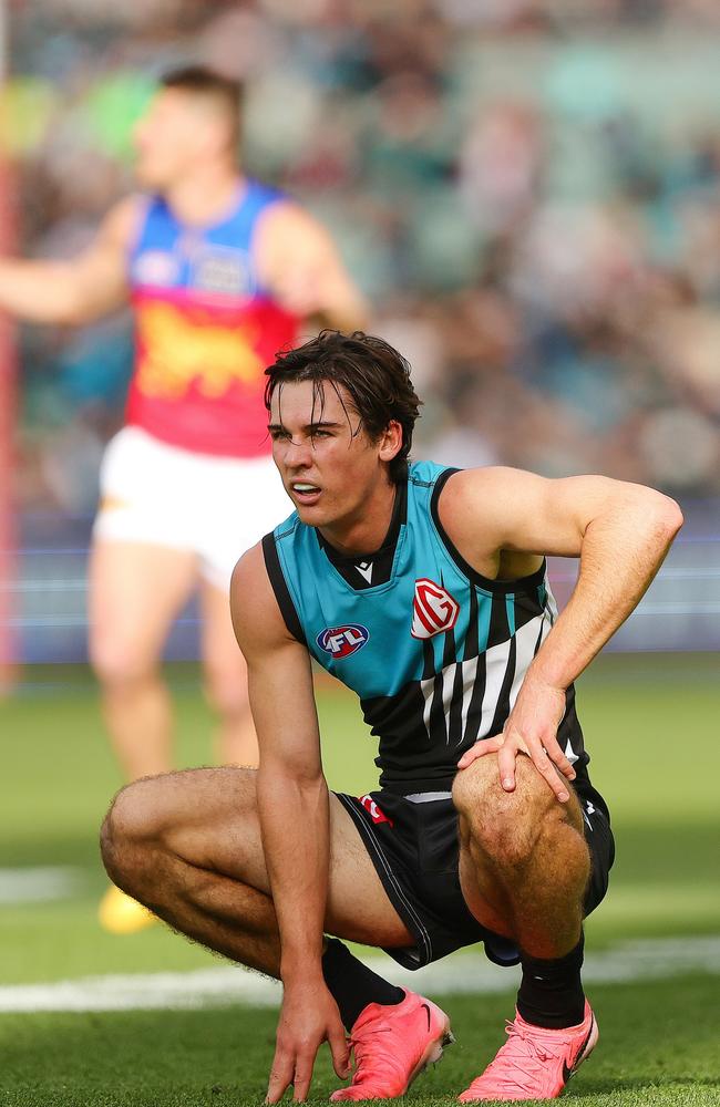 Connor Rozee on his haunches at the Adelaide Oval on Saturday. Picture: Sarah Reed/AFL Photos via Getty Images)