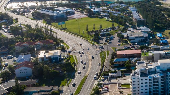 An aerial photo of the Gold Coast Hwy at Palm Beach.