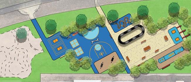 A map of a draft proposal for a youth hub at Mount Gambier's Railway Lands precinct, which would include basketball and netball rings, a pump track, skating area and trampoline.