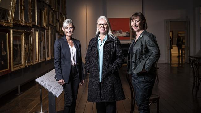 TMAG announces Brett Torossi (centre) as first female Board chairperson. Pictured with Minister for the Arts Elise Archer and TMAG director Janet Carding. Picture: LUKE BOWDEN