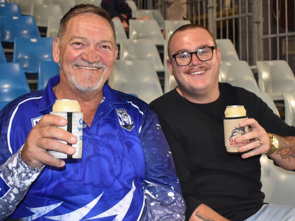 Des Menzies (left) and Luke Brown at the Manly Sea Eagles v Sydney Roosters NRL semi final match at BB Print Stadium, Mackay, September 17, 2021. Picture: Matthew Forrest