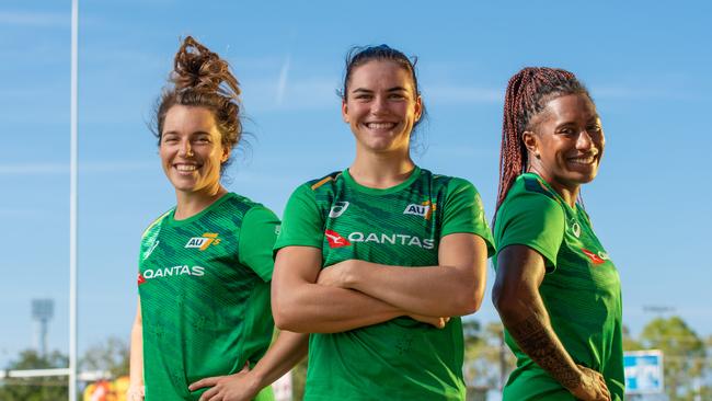 The Australian Women's 7s squad are now in town for their pre-Olympic camp. Lori Cramer, Jakiya Whitfeld and Ellia Green are happy to be back up in the top end for heat training. Picture: Che Chorley