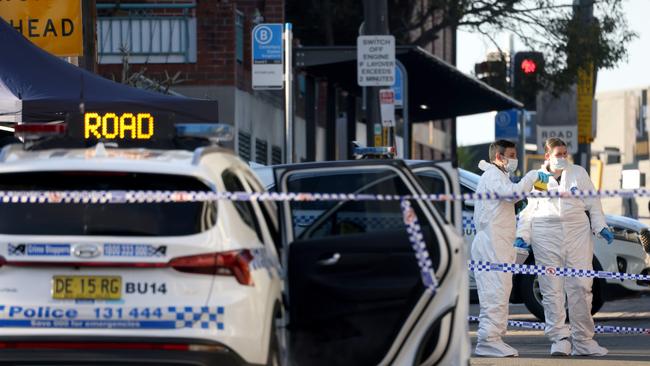 Police pictured at a crime scene on Broughton Street in Canterbury where a man was shot dead last night around 2am. Picture: NCA NewsWire.