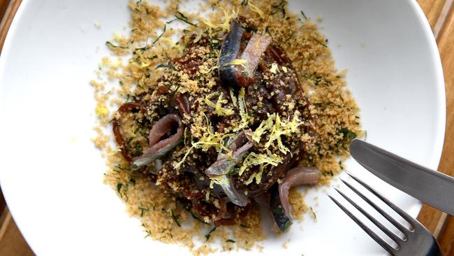 Spaghetti Mancini with black garlic and Port Lincoln sardines.