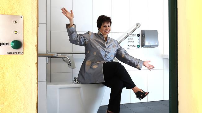 Hobart Lord Mayor Sue Hickey in one of the refurbished toilets in the Salamanca Arts Centre alcove. pic Sam Rosewarne