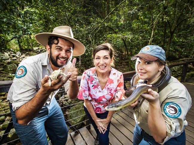 Minister for Environment and the Great Barrier Reef Leeanne Enoch pictured at Natural Bridge, Springbrook National Park. Announces a long-term plan to protect and expand QueenslandÃs National Parks.Minister for Environment and the Great Barrier Reef Leeanne Enoch with wildlife rangers Clinton Brewer and Emily Wanray.Picture: NIGEL HALLETT