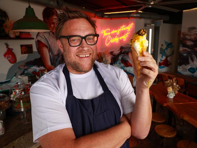 Daily Telegraph. 03, November, 2022.HOLD FOR KC: Chef Tomislav Martinovic, with a White Chocolate ice cream, waffle cone, saffron syrup, freeze dried mandarin and Caviar, one of six dishes with caviar on the menu, at The Lion and Buffalo, South Coogee, today.Picture: Justin Lloyd.