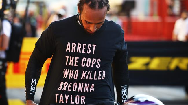 Lewis Hamilton and the T-shirt that F1 authorities are investigating. Picture: Getty Images