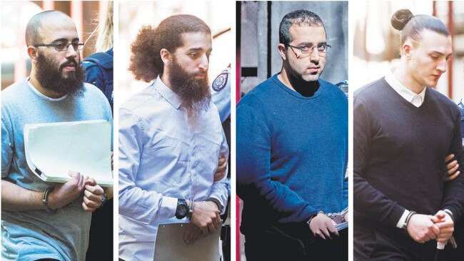 Christmas Day terror plotters, from left, ringleader Ibrahim Abbas, Abdullah Chaarani, Hamza Abbas and Ahmed Mohamed during the trial. Pictures: Jake Nowakowski