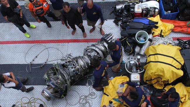 Parts of an engine of the ill-fated Lion Air flight JT 610 recovered from the sea. Picture: AFP