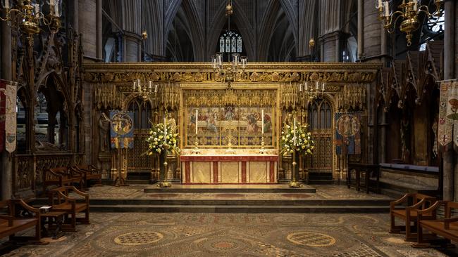 The Cosmati pavement, a mosaic containing marble, stone, glass and metal that dates to the 13th century, and the spot where King Charles will be coronated inside Westminster Abbey.