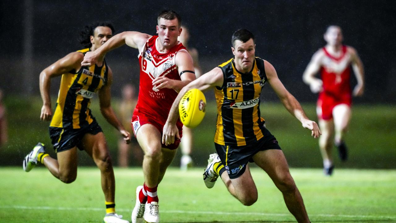 Mitch Pulmer of PINT playing in their comeback win against Waratah in Round 12 of the 2023-24 NTFL season. Picture: Patch Clapp / AFLNT Media