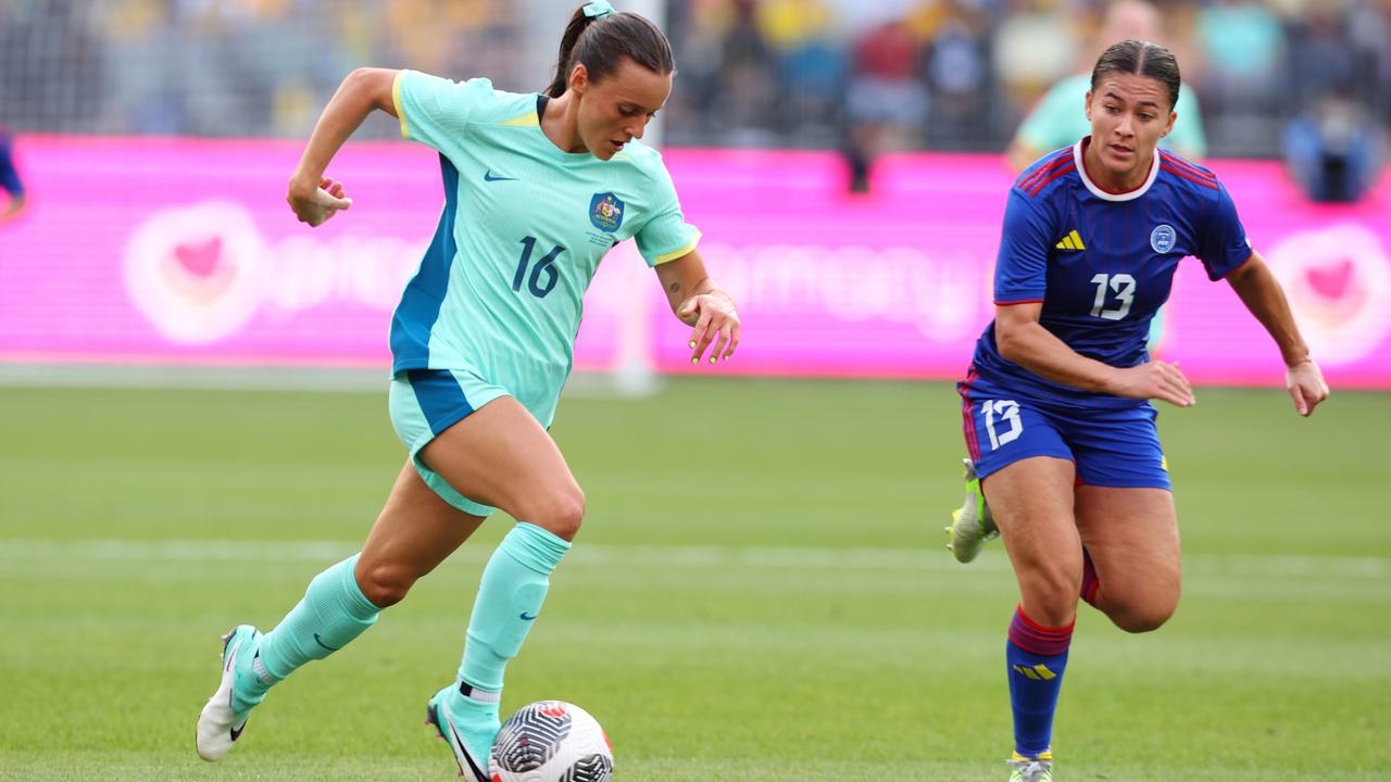 Hayley Raso with the Matildas on Sunday night.