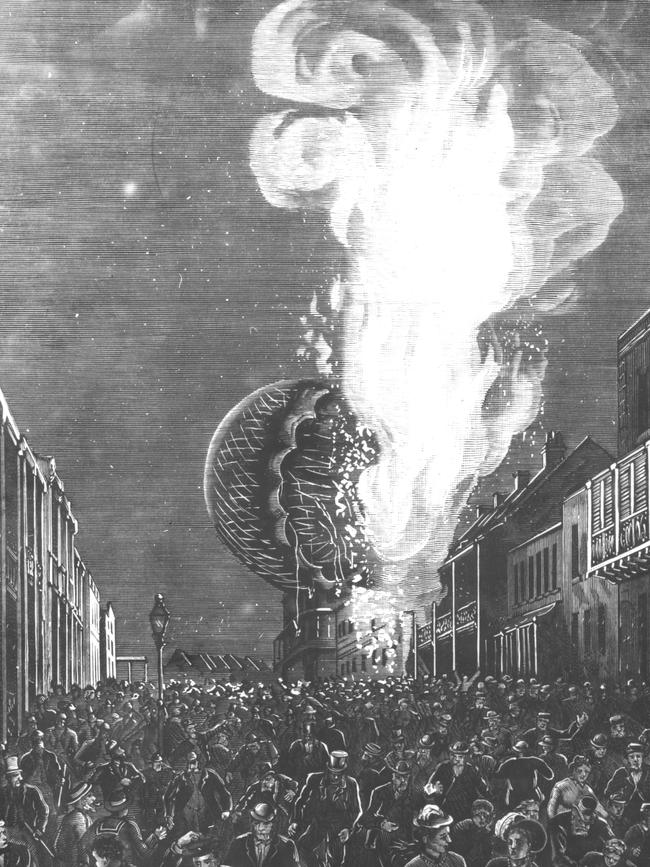 L'Estrange's fiery balloon descent in Sydney in 1881. Courtesy State Library of NSW