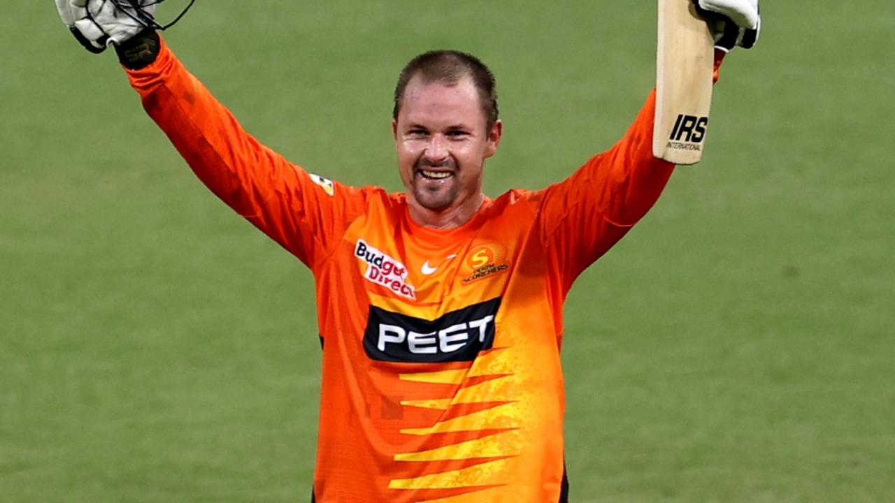 SYDNEY, AUSTRALIA - DECEMBER 11: Colin Munro of the Scorchers celebrates scoring his century during the Men's Big Bash League match between the Perth Scorchers and the Adelaide Strikers at GIANTS Stadium, on December 11, 2021, in Sydney, Australia. (Photo by Brendon Thorne/Getty Images)