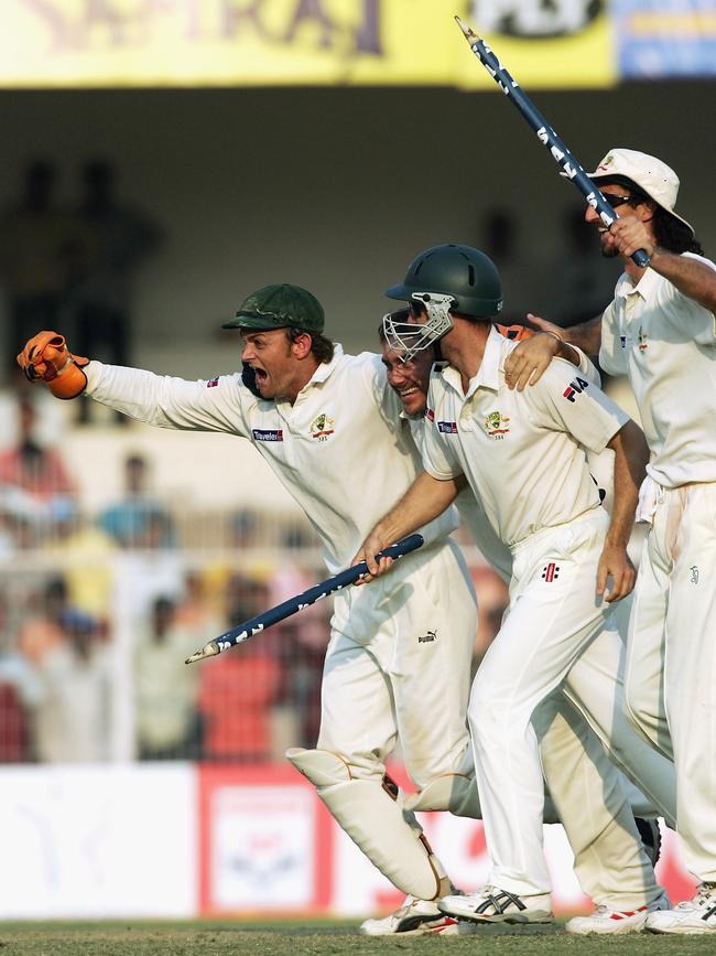 Adam Gilchrist, Justin Langer, Simon Katich and Jason Gillespie celebrate a historic victory