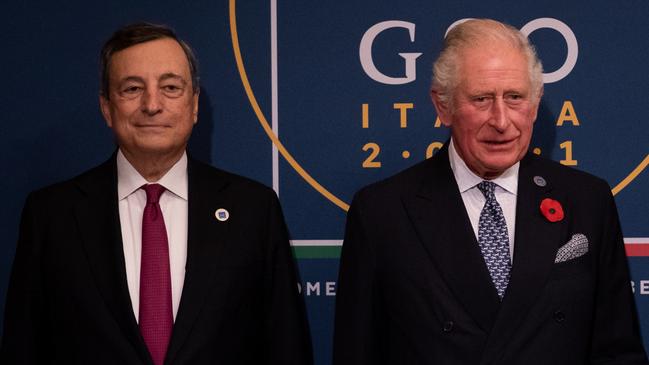 Italian Prime Minister Mario Draghi greets Prince Charles at The Quirinale Palace in Rome. Picture: Getty Images