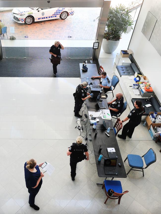 Queensland Police at one of the undisclosed Gold Coast quarantine hotels. Picture: Scott Powick.