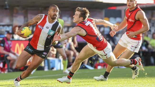 St Kilda’s Bradley Hill breaks away with the ball against Essendon at the Gabba. Picture: Getty Images