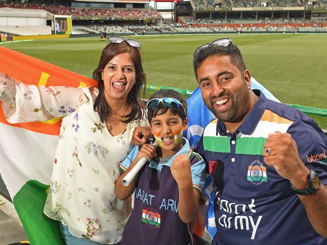 17/12/20 - First Test: Australia v India.  Adelaide Oval colour.  Indian fans Liby Abraham, Galvyn Thomas and dad Geo Thomas from St Marys.Picture: Tom Huntley