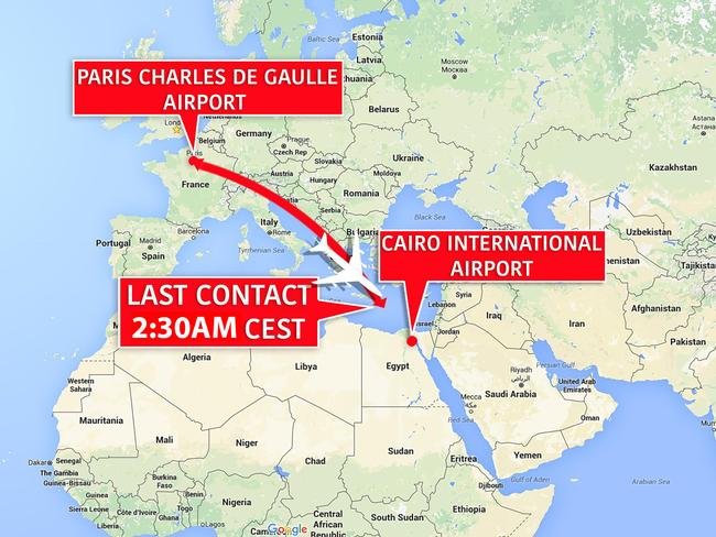 Map showing the flight path of missing EgyptAir flight 804. Picture: news.com.au