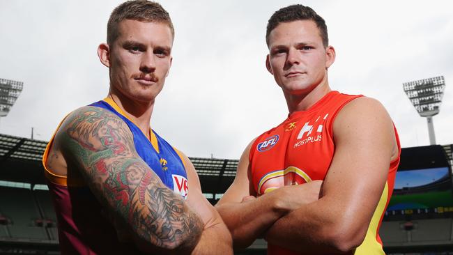 Dayne Beams of the Lions and Steven May of Gold Coast.