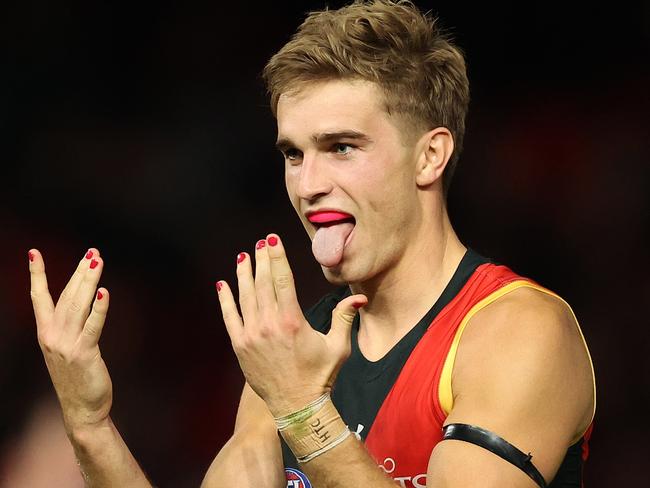 MELBOURNE, AUSTRALIA - MAY 11: Matt Guelfi of the Bombers celebrates after scoring a goal during the round nine AFL match between Essendon Bombers and Greater Western Sydney Giants at Marvel Stadium, on May 11, 2024, in Melbourne, Australia. (Photo by Robert Cianflone/Getty Images)