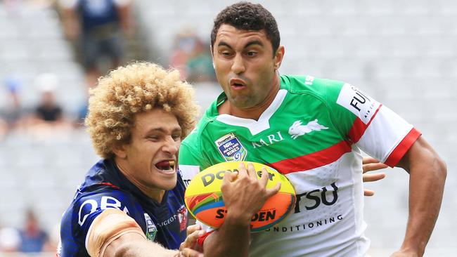 Alex Johnston hurt his shoulder in the Rabbitohs’ Auckland Nines opener. Picture: Mark Evans