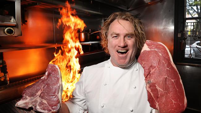 Chef Adrian Richardson of La Luna in Carlton, fires up with some choice cuts of meat in the kitchen. Picture: David Caird