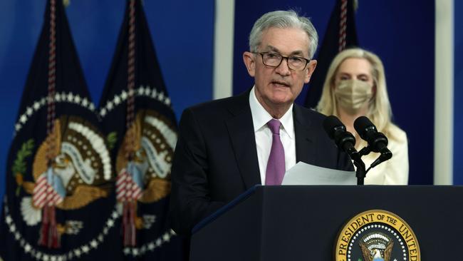 US Federal Reserve Board chairman Jerome Powell speaks as fellow board of governors member Lael Brainard listens during an announcement at the Eisenhower Executive Office Building this week. Picture: Alex Wong/Getty Images/AFP